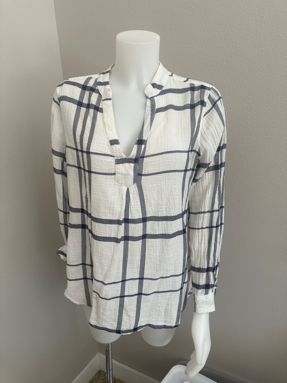 White and Navy Plaid V-Neck Women's Tunic Top